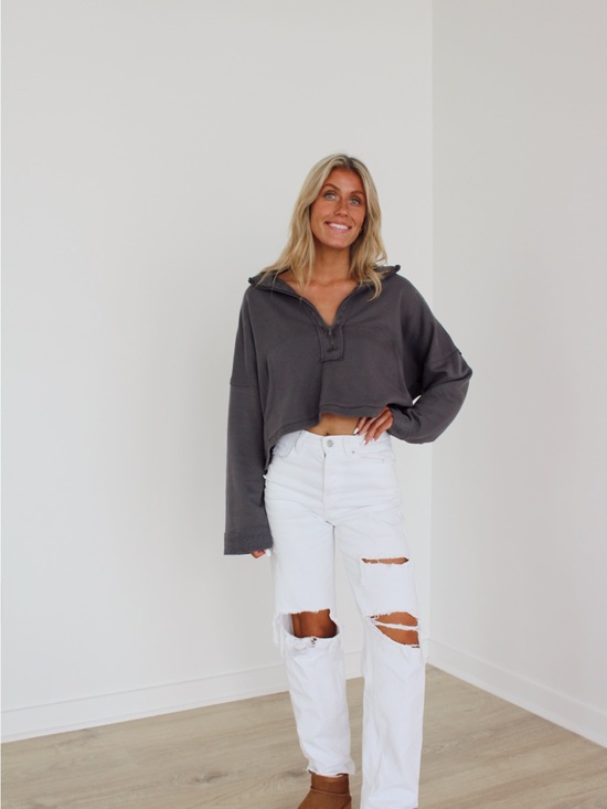 BUCKETLIST Tops - Cropped Quarter-Zip Pullover Hoodie - Charcoal BUCKETLIST